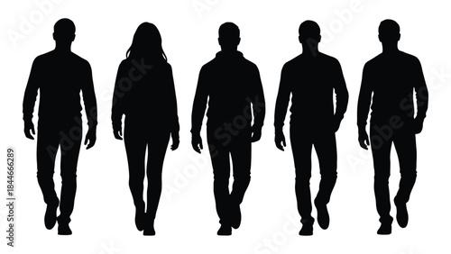 A row of six people walking forward depicted as dark shapes against a white background silhouette