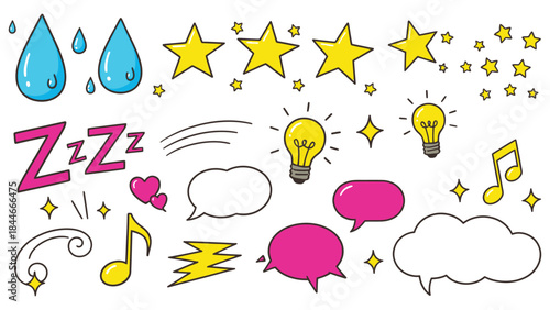 Set of vector illustrations featuring a colorful collection of cartoon and comic doodle elements including speech bubbles, light bulbs, stars, water drops, music notes, and a "Zzz" sleep symbol
