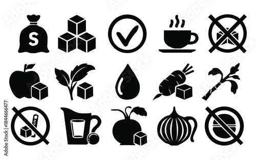 Collection of black icons representing sugar and sugar-related ingredients