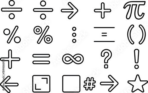 Mathematical symbols and signs icon set, algebra operators, arrows and punctuation marks, outline style education elements, clean black vector collection