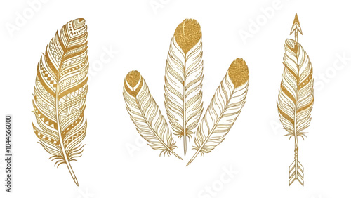 Trendy golden boho feather vector elements with foil textures, patterns, and arrows for modern design