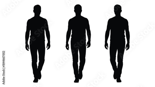 Three male figures walking forward depicted as a striking black silhouette