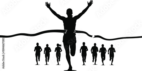 Silhouette of a triumphant runner with multiple arms and fellow athletes