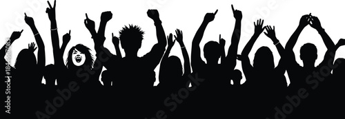 Silhouette of a cheering crowd with raised arms