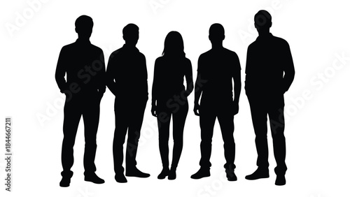 a group of six people standing together presented in a dramatic black silhouette