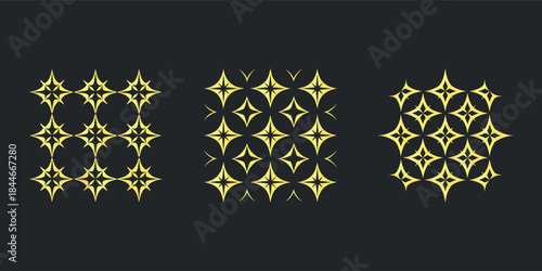 Golden sparkling star and diamond geometric pattern collection on dark background