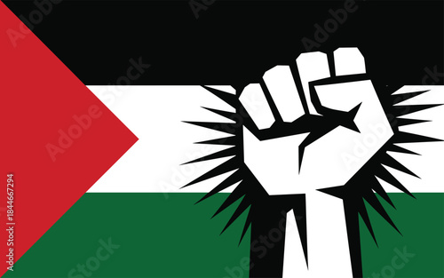 Palestinian flag with raised fist symbol, freedom and resistance illustration, solidarity and human rights concept, protest art graphic, powerful political vector design