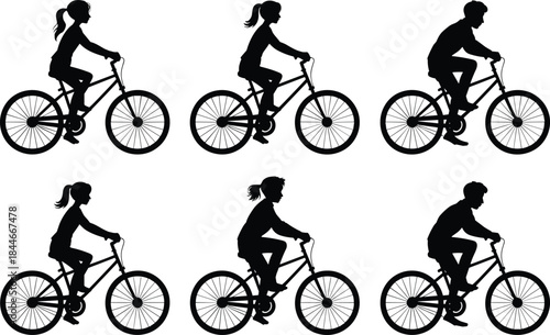 People cycling silhouette collection, men and women riding bicycles, urban commuting and outdoor fitness activity, black and white vector illustration setPeople cycling silhouette collection, men and 