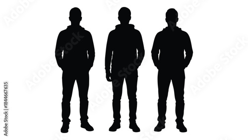 Three men standing together depicted as dark shapes against a white background silhouette