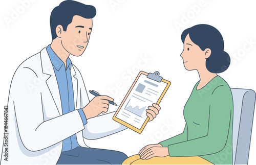 Doctor consulting patient illustration, medical checkup conversation, healthcare diagnosis appointment, professional physician clipboard discussion flat vector
