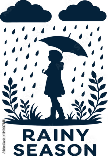 Silhouette of people with umbrellas walking in the rain during autumn business hours