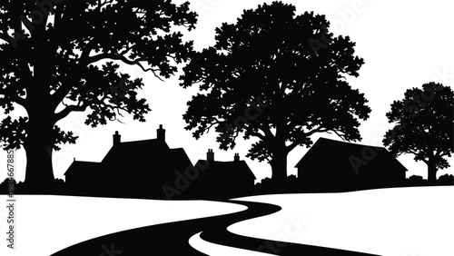 Countryside village silhouette illustration, winding road between rural houses and large trees, peaceful nature landscape, minimalist black vector