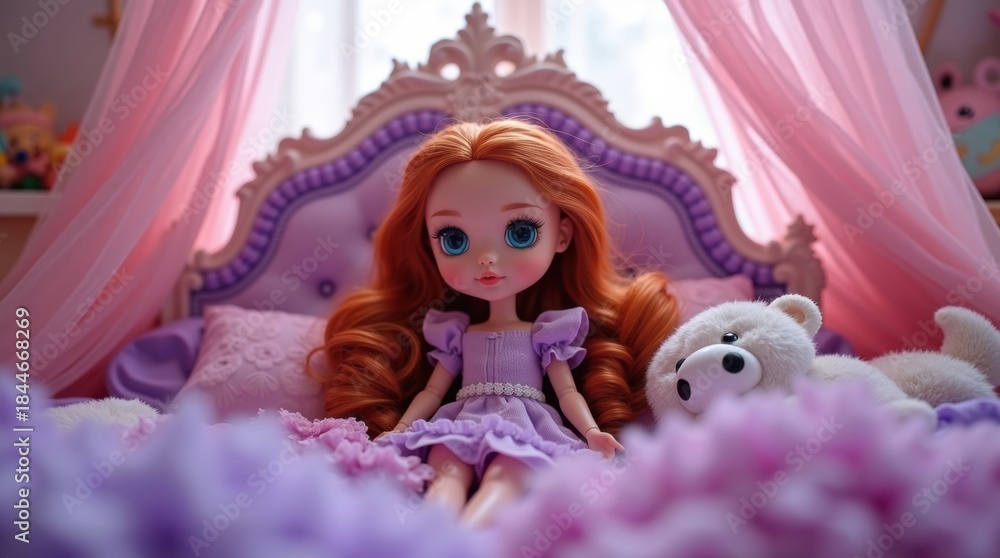 Fototapeta premium A princess doll with long red hair sits on a beautiful bed with a teddy bear