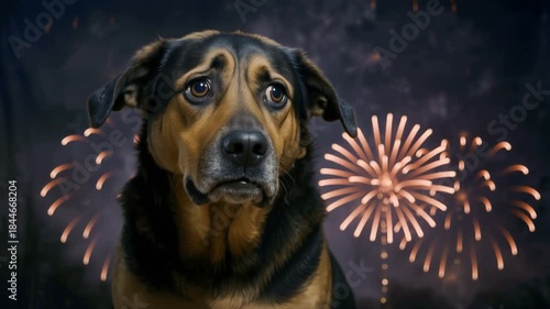 Anxious pet dog reacts to loud fireworks explosions in the night sky. Animal phobia and stress during holiday celebrations. Lockdown close-up shot.