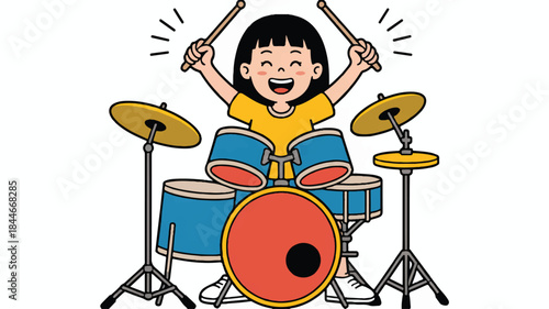young girl playing drums with enthusiasm