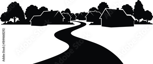 Winding road silhouette landscape illustration, rural countryside path with houses trees, minimalist black white scenic travel concept