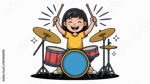 Young girl playing drums with enthusiasm
