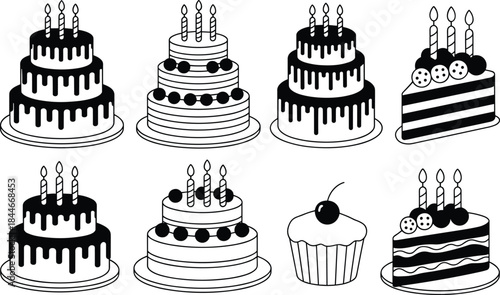 Vector Birthday Cake Icons Set, Celebration Desserts Black Silhouette and Outline Collection, Sweet Party Pastry Illustration, Tiered Cakes with Candles, Isolated Bakery Design Elements