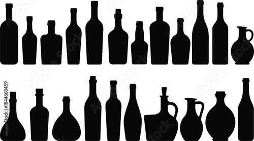 Vintage glass bottle silhouettes collection, assorted wine liquor oil containers, black vector set isolated on white background, minimalist retro design