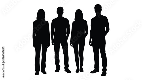 Four people standing together in a dark solid form presenting a striking silhouette