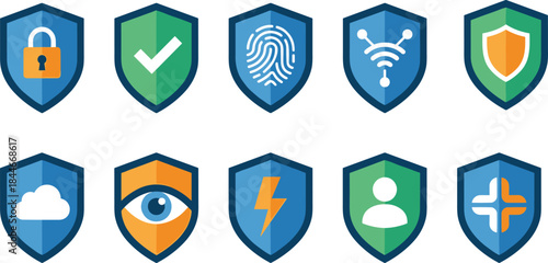 Cyber security shield icons set illustration, data protection, privacy safety, network security, digital protection badges, flat vector