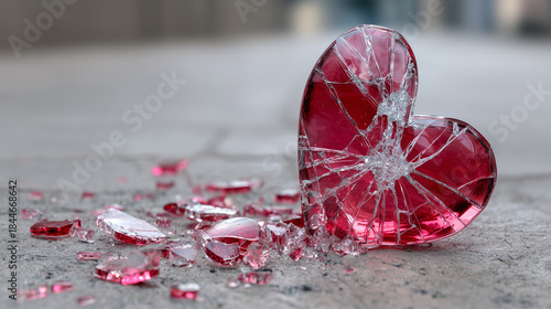 A broken glass heart lies on a road, surrounded by scattered shards reflecting the theme of heartbreak. This image evokes emotions of pain, solitude, and the journey of healing