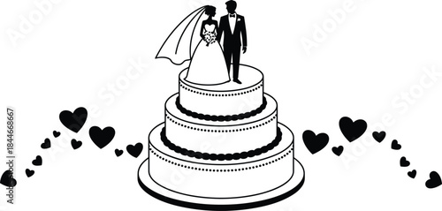 Wedding cake silhouette illustration with bride and groom figurines, romantic hearts, elegant celebration symbol, black and white vector icon for love ceremony design