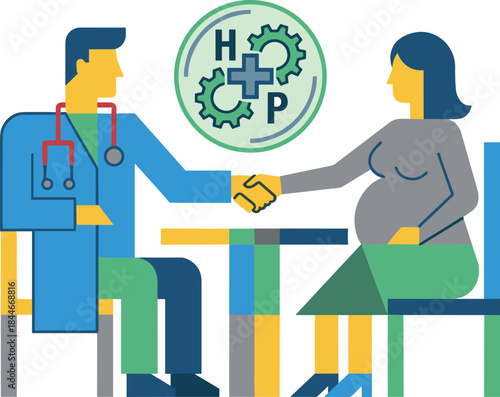 Doctor and pregnant patient handshake illustration, prenatal healthcare consultation, medical trust, hospital service, flat vector design