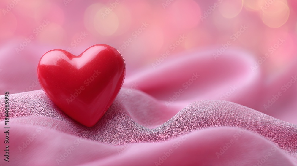 Obraz premium Shiny Red Heart on Soft Pink Fabric with Bokeh Background