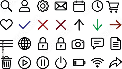 Essential user interface icon set, navigation, action and system symbols, modern outline vector design for web and mobile apps