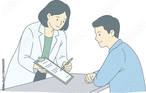 Female doctor consulting male patient illustration, medical appointment discussion, healthcare diagnosis checkup, professional physician clipboard consultation flat