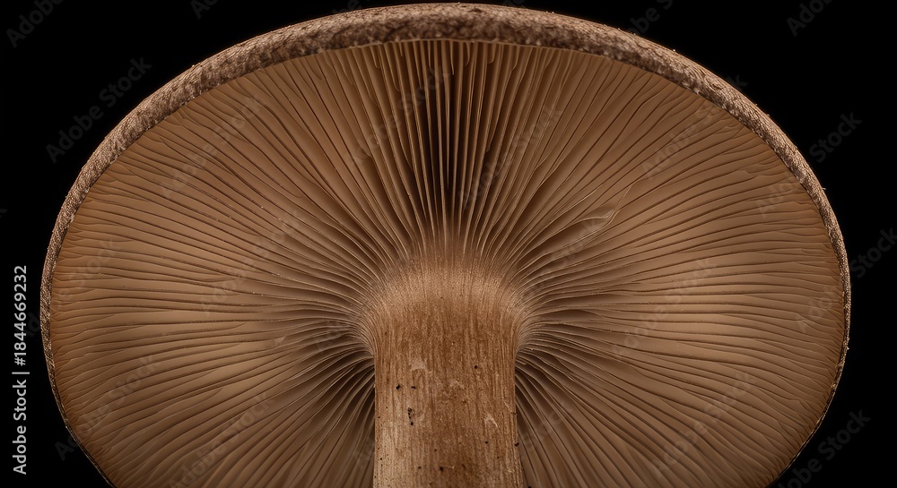 Fototapeta premium A close-up view of the underside of a wild mushroom, showing the intricate, delicate structure of the spore-producing gills in nature ,natural ,gills ,detail