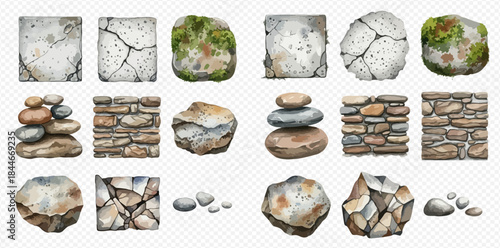 Watercolor collection of various stones, rocks, and stacked pebbles for natural design elements.