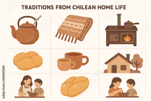 Chilean Home Life Traditions Vector Grid with Mate, Bread, and Cozy Domestic Icons
