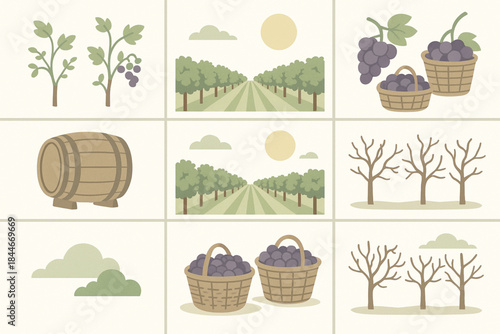 Chilean Vineyard Seasons Vector Grid with Harvest, Barrels, and Agricultural Icons