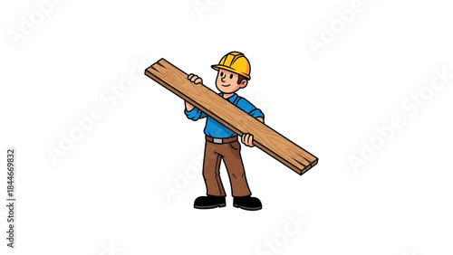 Cartoon illustration of a construction worker in a protective hard hat, diligently carrying a long wooden plank. 