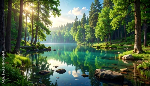 Wallpaper Mural Tranquil forest landscape featuring a serene lake reflecting trees Torontodigital.ca