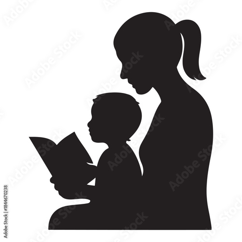 Mother and child silhouette reading a book together, sharing a moment of learning and connection.