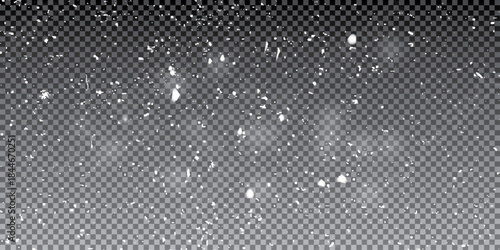 Falling snow particles in various sizes and densities, focused at the top and fading downward on a transparent background for realistic winter and holiday design overlays.