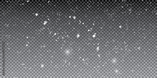 Falling snow particles in various sizes and densities, focused at the top and fading downward on a transparent background for realistic winter and holiday design overlays.