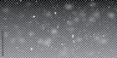 Falling snow particles in various sizes and densities, focused at the top and fading downward on a transparent background for realistic winter and holiday design overlays.