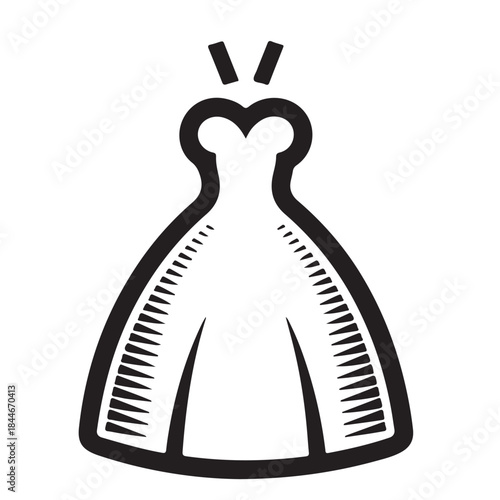 Black and white illustration of a wedding dress with heart shaped neckline
