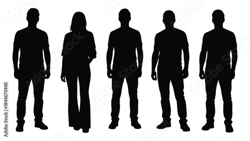 a row of five people in dark clothing presented as a striking silhouette