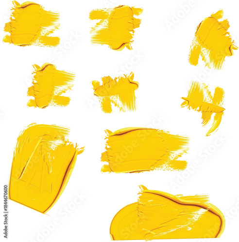 Set of ten yellow paint brush strokes and smudges on a