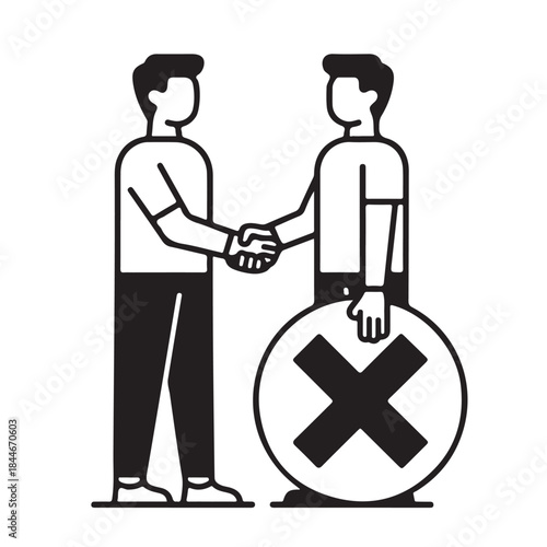 Two men shaking hands with one holding a reject symbol