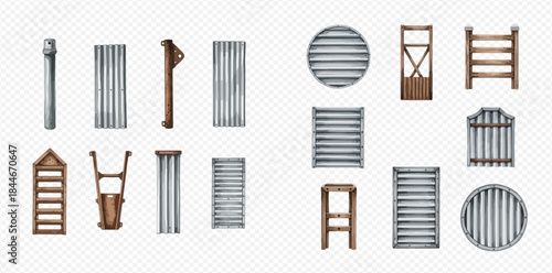 Set of various wooden and metal fence elements for garden or farm construction.