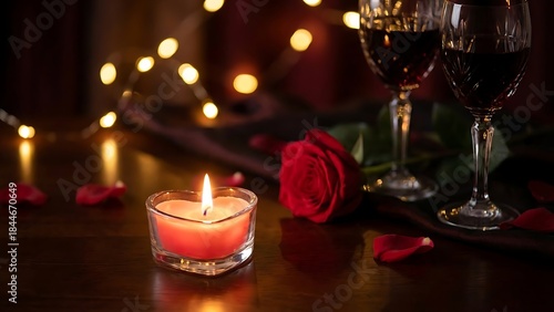 Wallpaper Mural Romantic candlelight dinner with a red rose and wine glasses on a dark table Torontodigital.ca