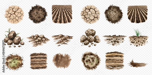Set of various ground textures, including cracked earth, cultivated soil, and underground layers.