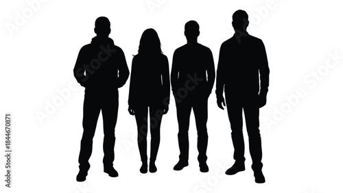 A group of four people standing together presented as a dark striking silhouette