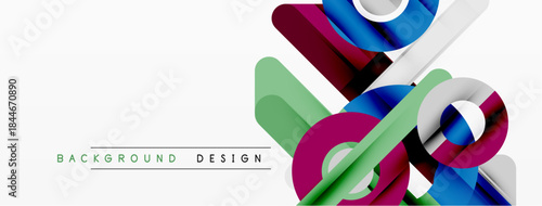 Abstract geometric shapes overlap, creating dynamic visual effect. White background emphasizes colorful design elements. Modern, clean aesthetic.